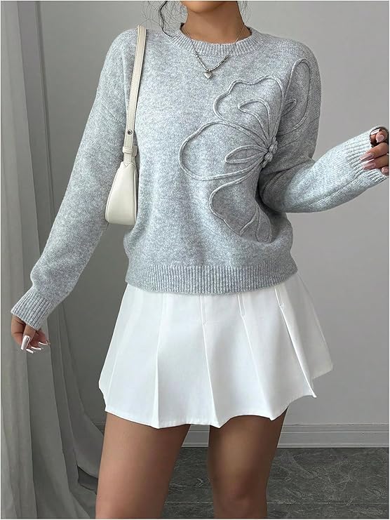 Women’s 3D Floral Appliqué Sweater – Long Sleeve Crewneck Knit Pullover