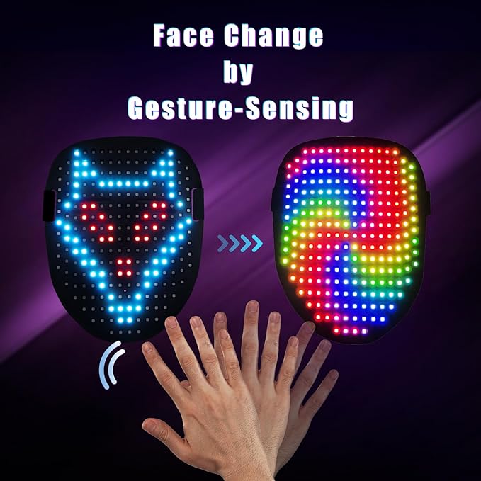 LED Gesture-Sensing Mask – Light-Up Face Transforming Mask for Halloween, Christmas, Birthdays, and Cosplay Parties