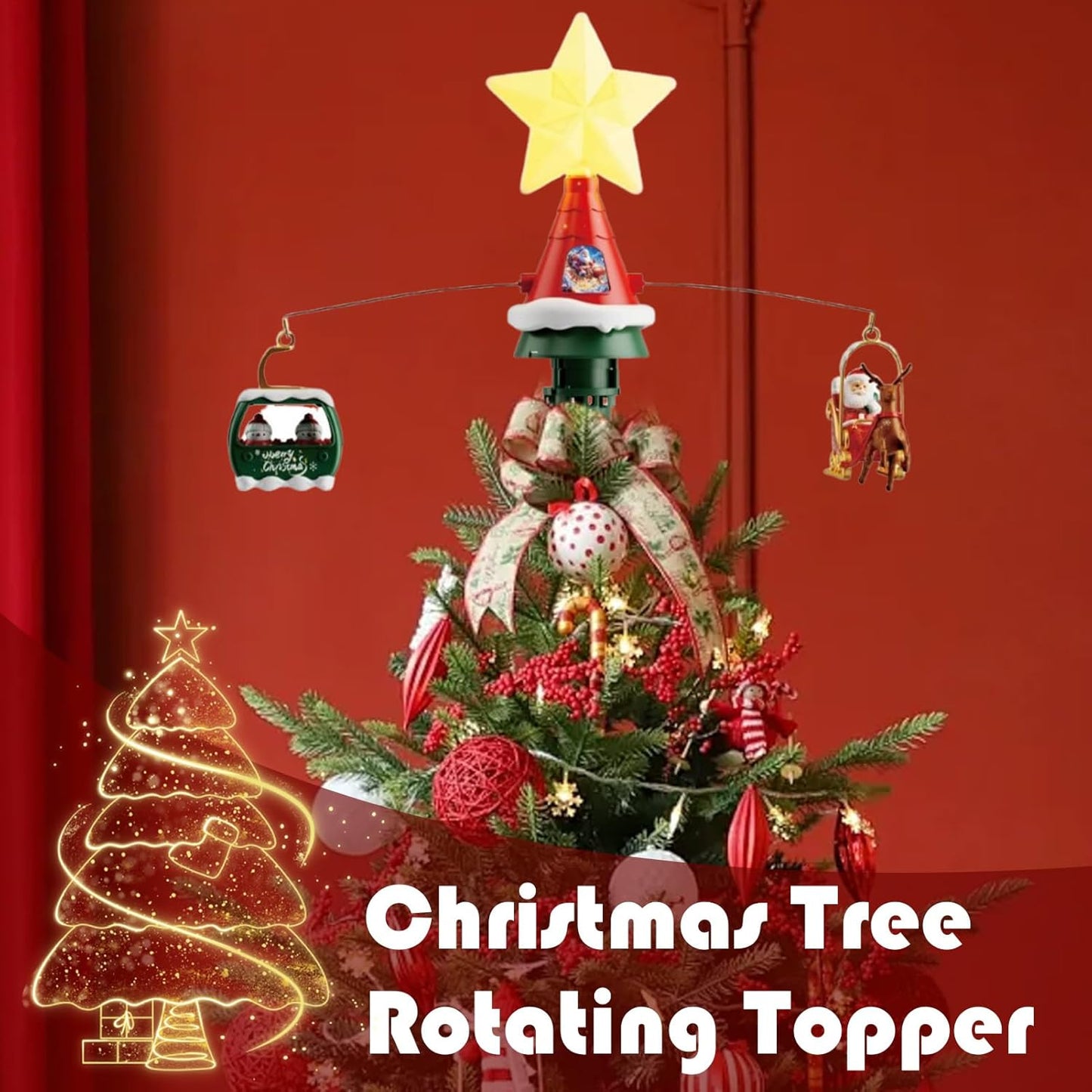 Electric-Rotating Star Christmas Tree Topper Ornament, with Led Star Santa Claus and Reindeer Sleigh