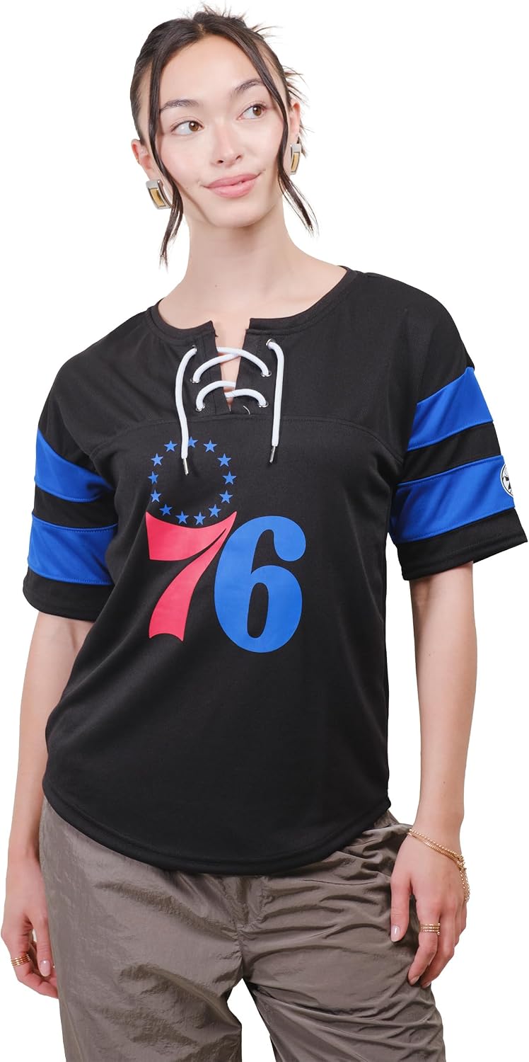 Women's Philadelphia 76ers Official NBA Mesh Lace-Up Jersey Shirt – Super Soft Basketball Fan Top, Small
