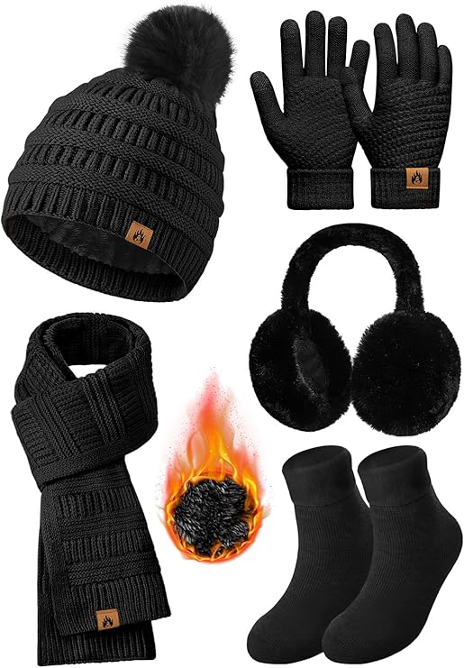 Womens Winter Beanie Hat Scarf Gloves Set Fleece Hat Long Scarf Neck Warmer Ear muffs Fuzzy Socks 5 in 1 Knit Sets
