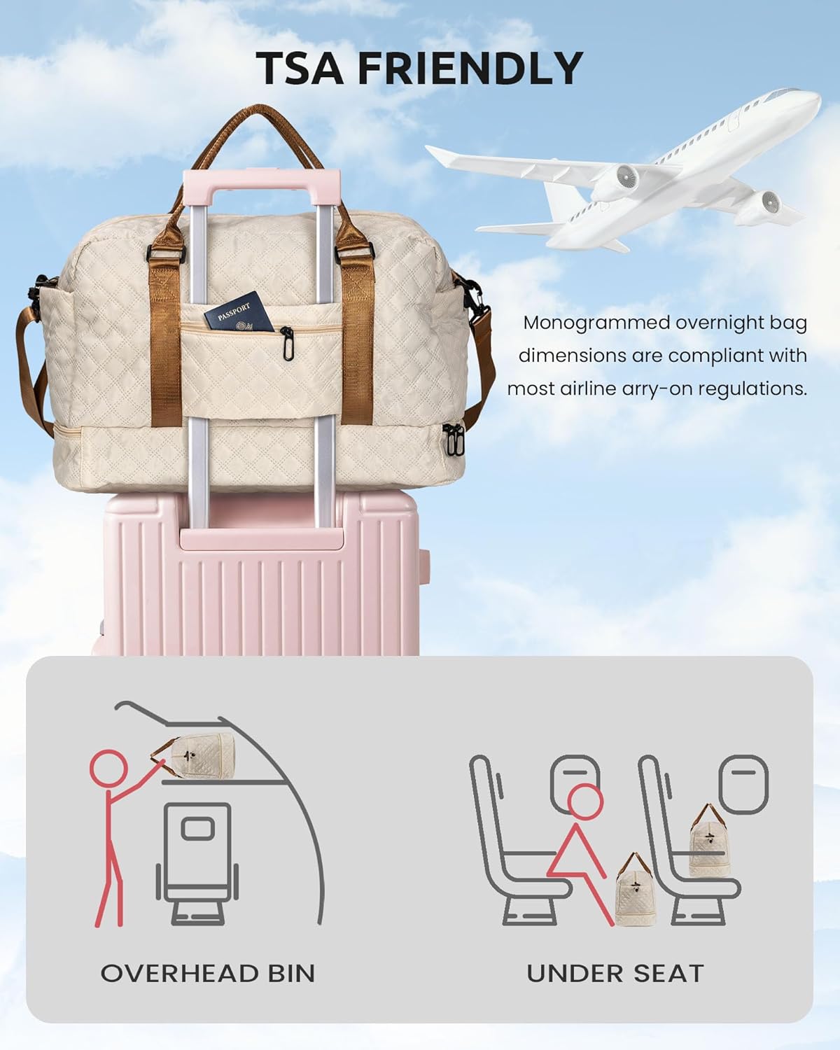 Initial Duffle Bag (Letter K) – Personalized Weekender with Shoe Compartment, Wet Pocket & Makeup Bag, Beige