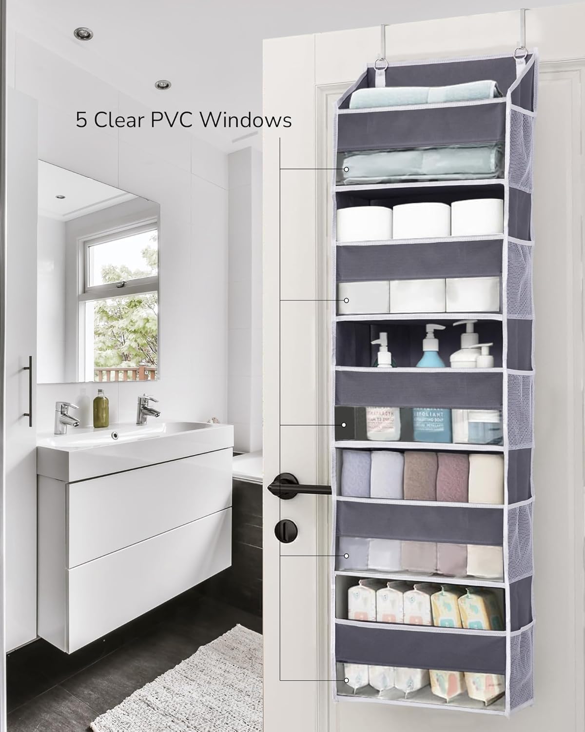 Over Door Organizer – 5 Large Pockets & 10 Mesh Side Pockets – Hanging Storage with Clear Window – Dark Grey (5 Layers)