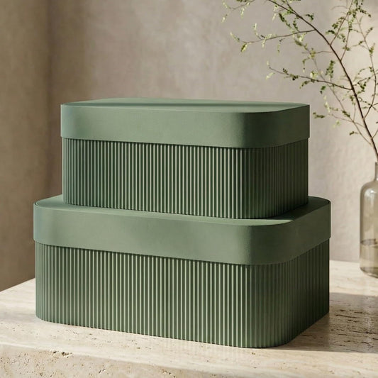 Set of 2 Decorative Storage Boxes with Lids - Fluted Cardboard Organizers for Home Decor