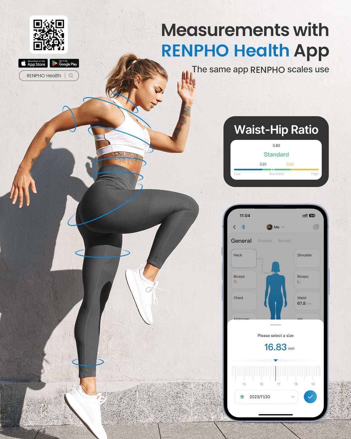 Smart Body Measuring Tape – Bluetooth Fitness Tape for Weight Loss & Muscle Tracking (60in/150cm, White)