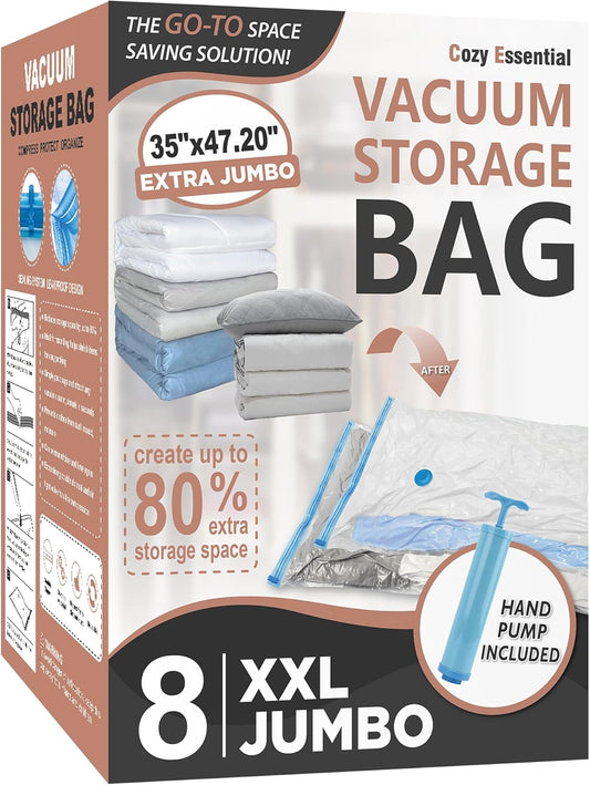 8-Pack XXL Vacuum Storage Bags – Extra-Large Space Saver Bags for Bedding & Comforters (47.2" x 35")