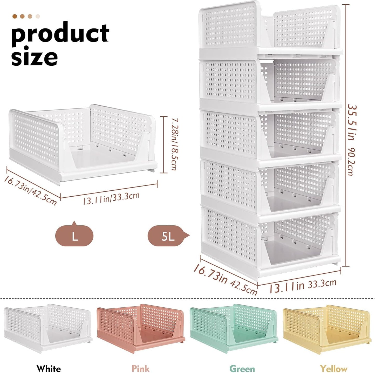 5 Pack Stackable Closet Storage Baskets – Foldable Space-Saving Organizer Drawers – White