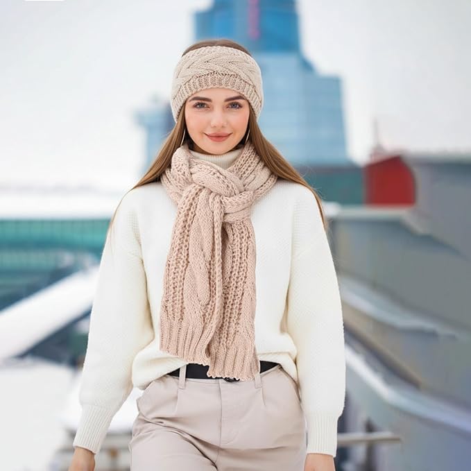 Women’s Cable Knit Scarf & Ear Warmer Headband Set – Fleece-Lined Winter Accessories (Black/Khaki)