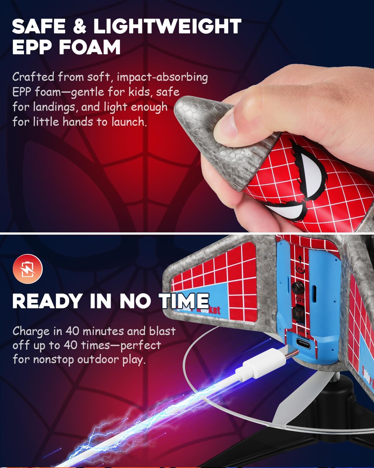 Electric Rocket Launcher for Kids – Auto Launch, 200ft Flight & Parachute (Ages 6–13, Spider Design)