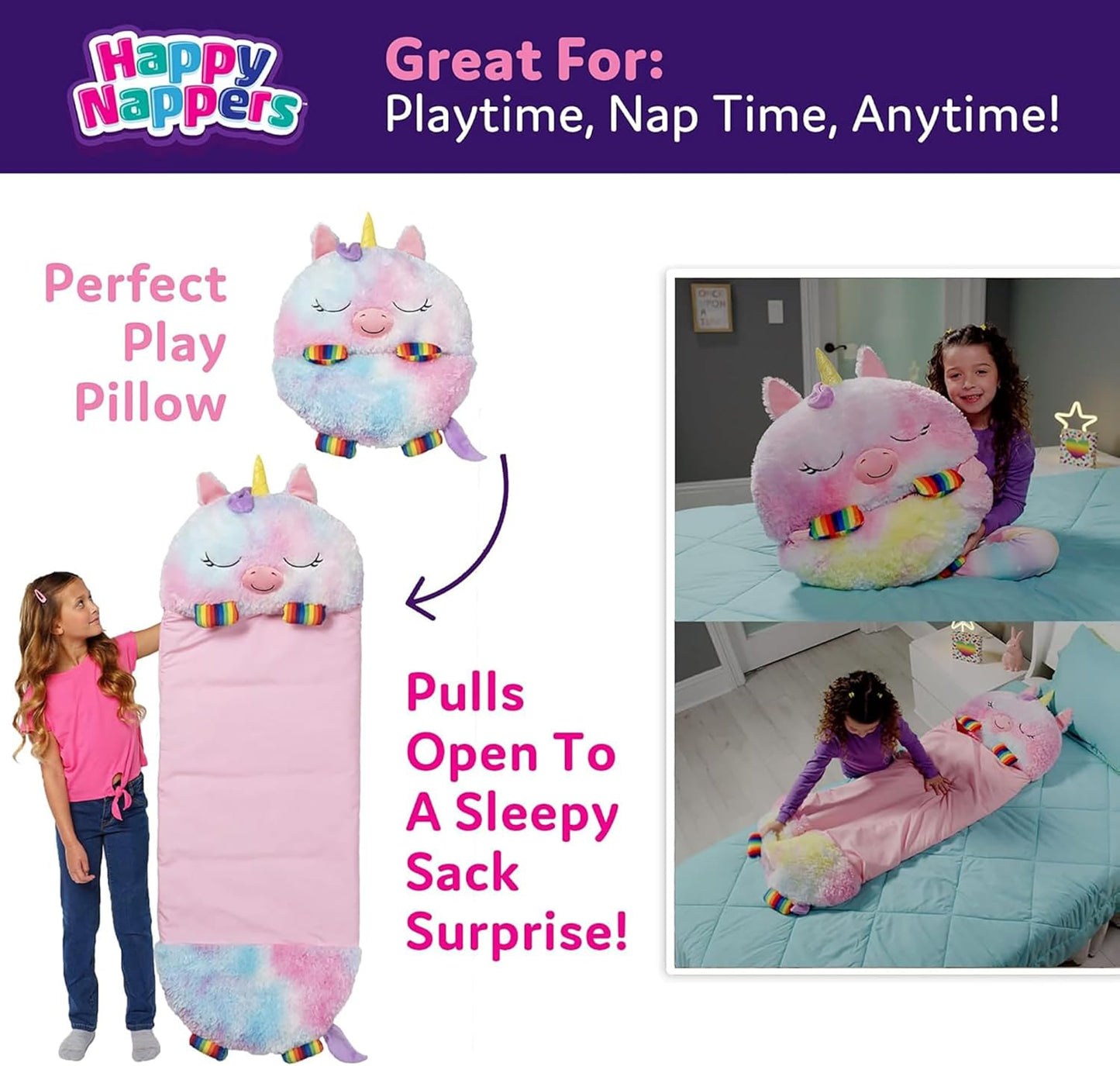 2-in-1 Pillow & Sleepy Sack – Large Rainbow Unicorn (66 x 30), Plush Animal That Opens Into a Soft Sleeping Bag
