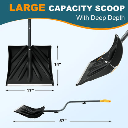 17-Inch Wide Snow Shovel 57” Long with Bent Handle Aluminum Edge Sharp Blade