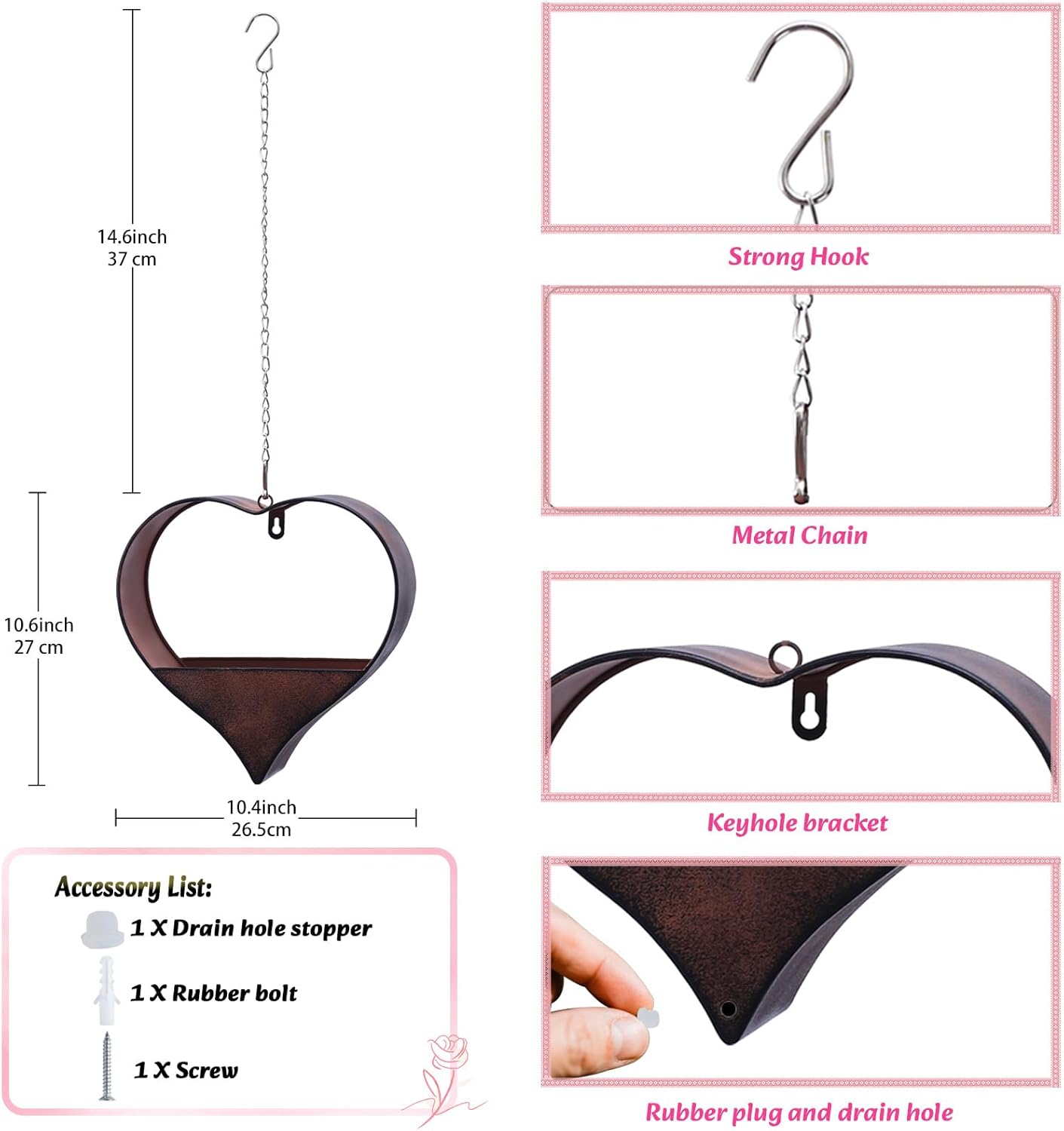 Rustic Heart-Shaped Metal Plant Hanger – Indoor Outdoor Wall Planter – Valentine’s or Birthday Gift for Her