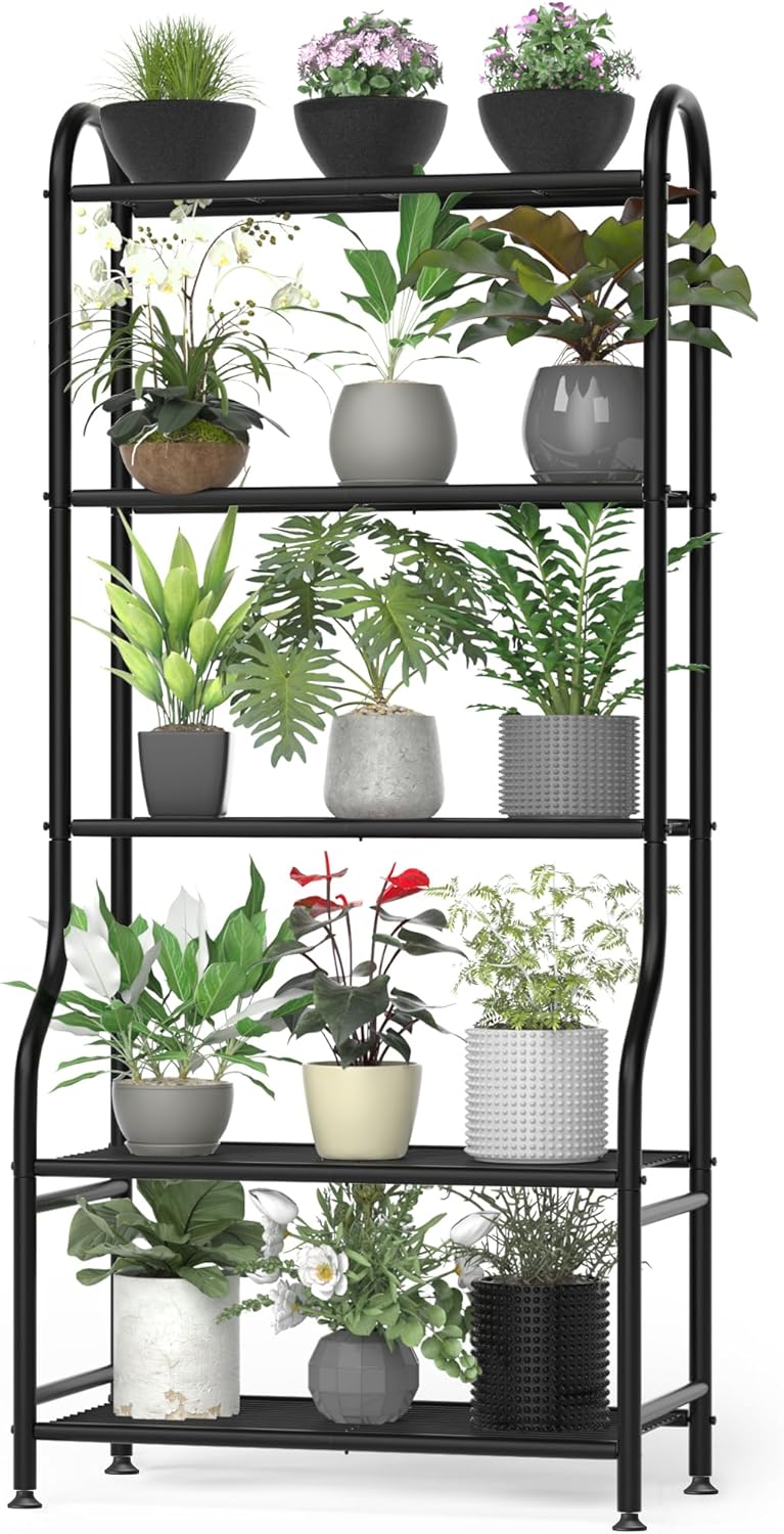 5-Tier Metal Plant Stand – Heavy Duty Waterproof Indoor Outdoor Plant Shelf with Leveling Feet for Living Room, Patio & Garden – Black