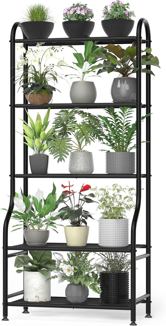 5-Tier Metal Plant Stand – Heavy Duty Waterproof Indoor Outdoor Plant Shelf with Leveling Feet for Living Room, Patio & Garden – Black