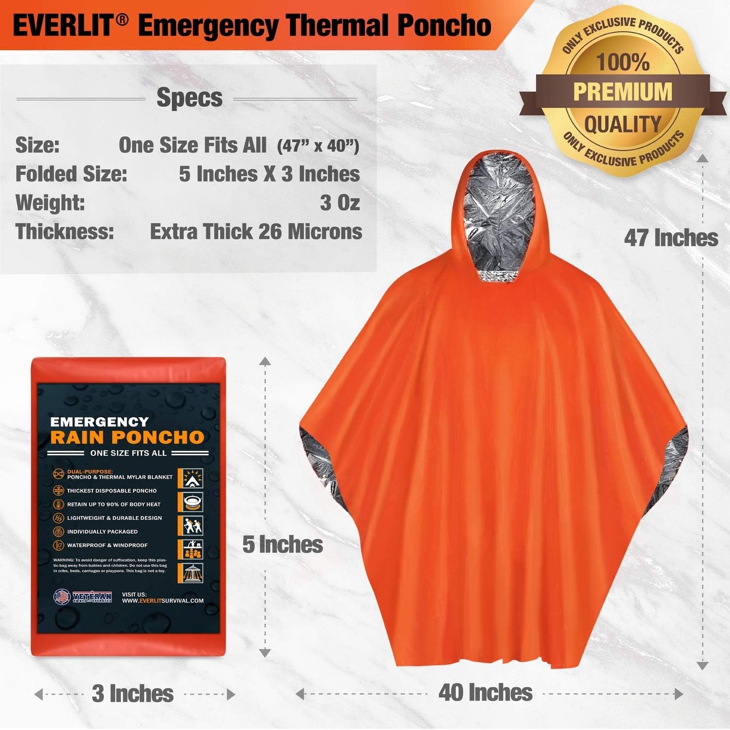 Emergency Survival Rain Poncho – Mylar Space Blanket for Camping & Disaster Kits