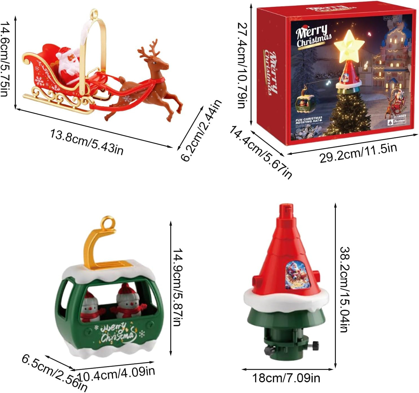 Electric-Rotating Star Christmas Tree Topper Ornament, with Led Star Santa Claus and Reindeer Sleigh