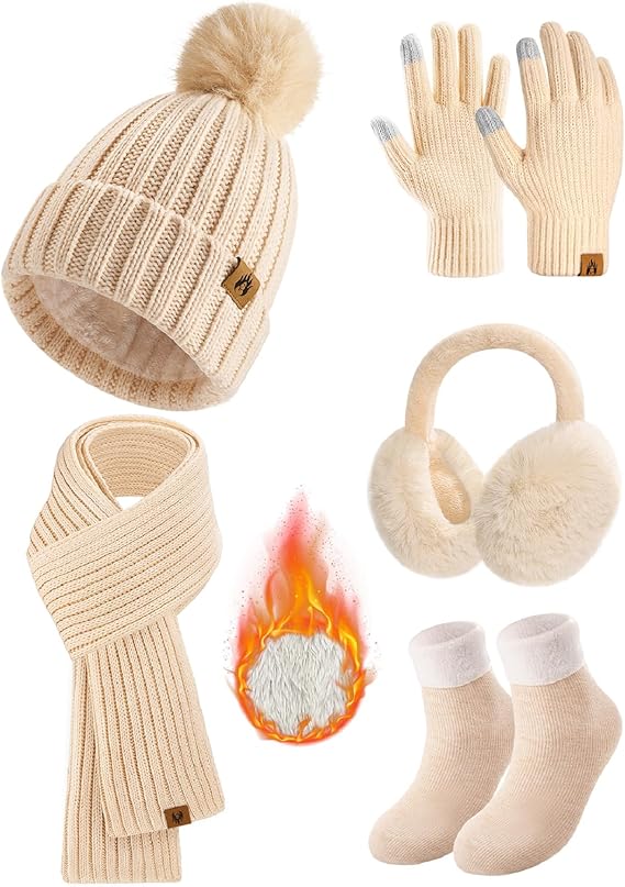 Women’s Winter Accessories Set – Beanie, Scarf, Gloves, Ear Muffs & Fuzzy Socks (5-Piece Set)
