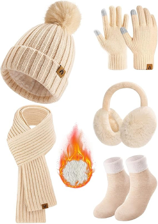 Women’s Winter Accessories Set – Beanie, Scarf, Gloves, Ear Muffs & Fuzzy Socks (5-Piece Set)