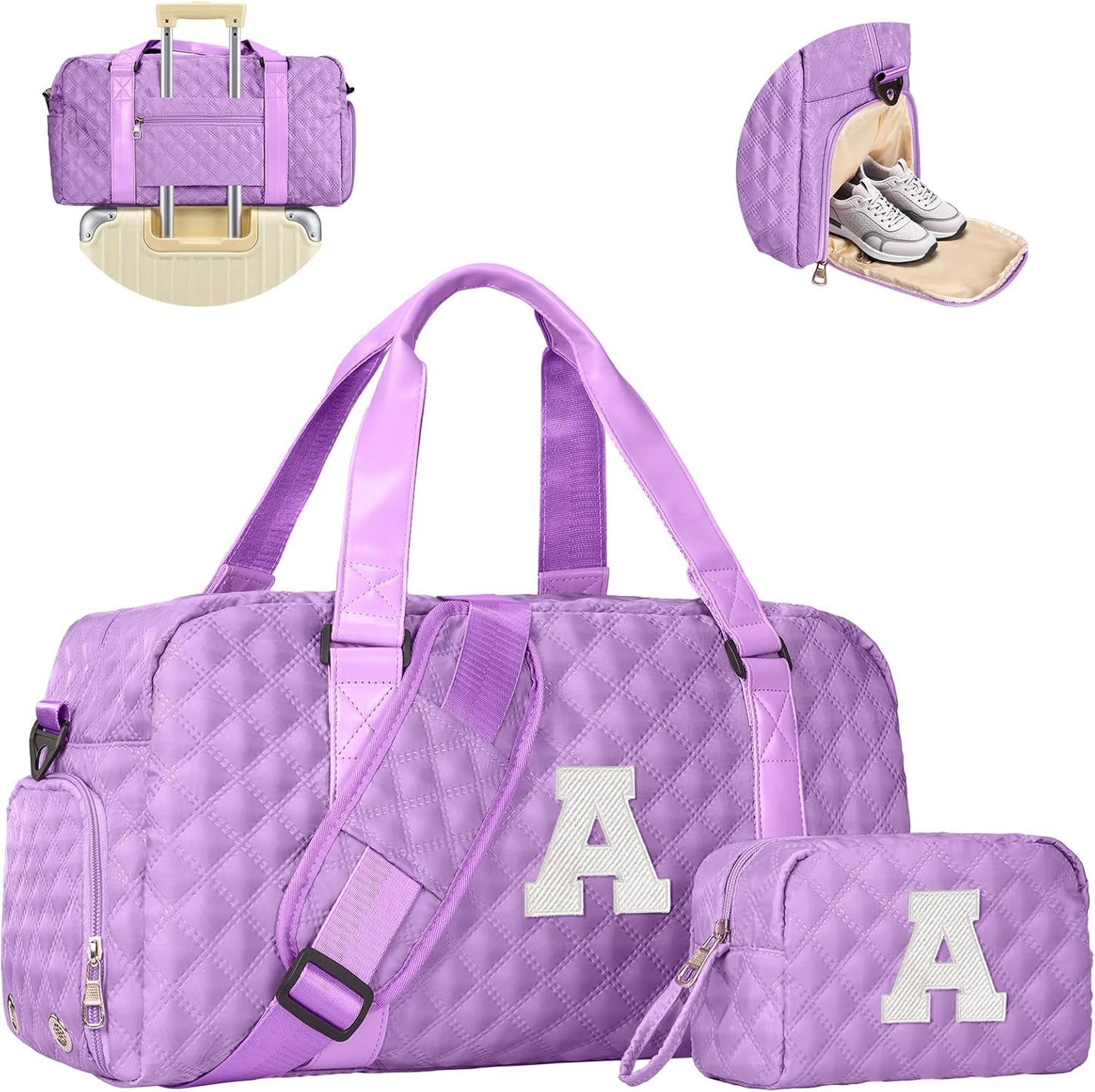 Initial Weekender Duffle Bag – Personalized Travel & Gym Bag (Purple, Letter A)