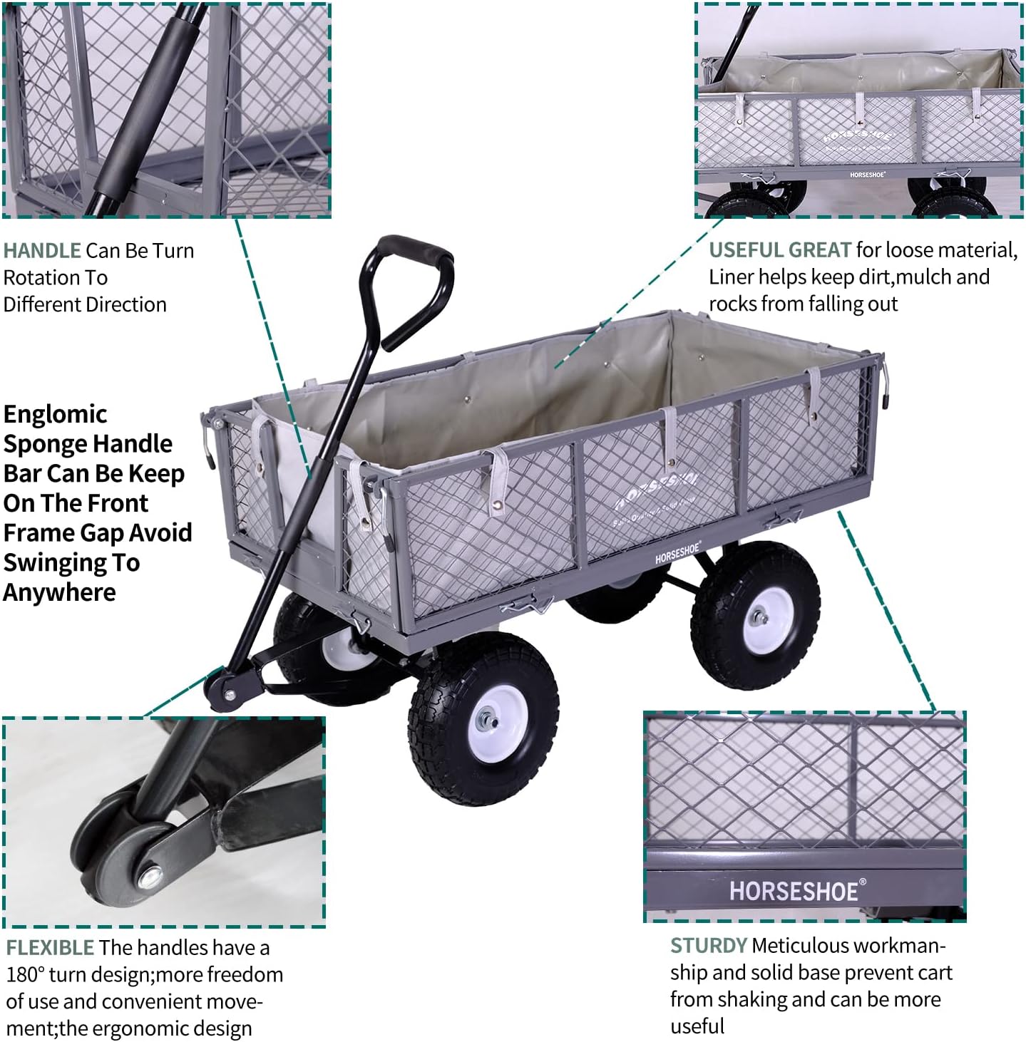 Heavy-Duty Steel Mesh Garden Cart Utility Wagon – 880 lb Capacity with Never-Flat Tires, Removable Sides & Liner, Gray