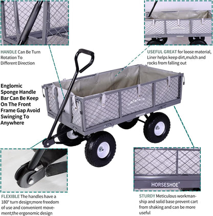 Heavy-Duty Steel Mesh Garden Cart Utility Wagon – 880 lb Capacity with Never-Flat Tires, Removable Sides & Liner, Gray