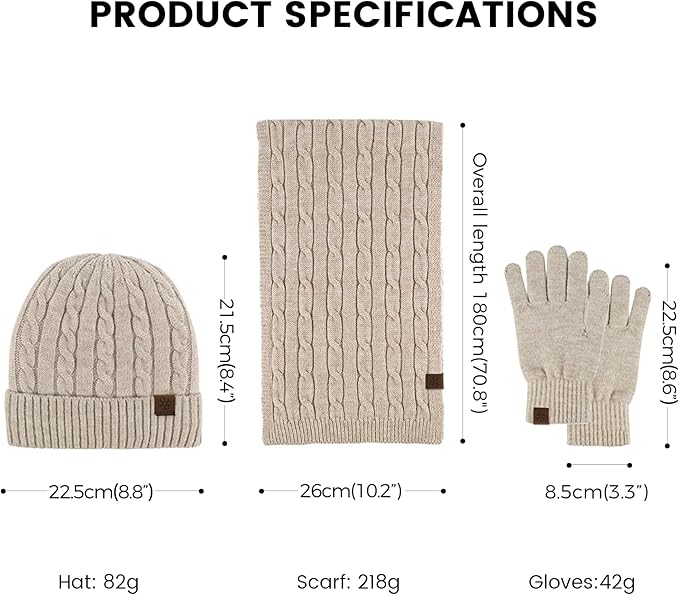 Women’s Winter Beanie, Scarf & Touchscreen Gloves Set – Fleece-Lined Knit Gift