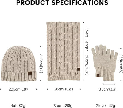 Women’s Winter Beanie, Scarf & Touchscreen Gloves Set – Fleece-Lined Knit Gift