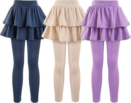 3-Pack Girls’ School Uniform Skirted Leggings – Stretchy Warm Jeggings (Size 4–5T, Navy/Khaki/Light Purple)