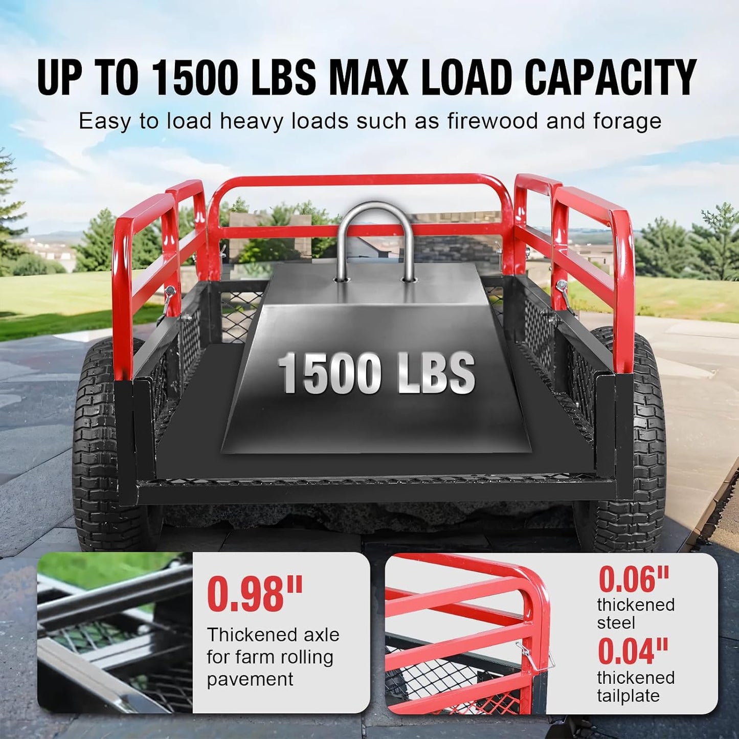 Heavy-Duty ATV Steel Dump Cart – 1,500 lb Capacity, 15 Cu. Ft. Garden Utility Trailer for Lawn Mowers & Tractors
