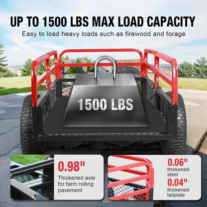Heavy-Duty ATV Steel Dump Cart – 1,500 lb Capacity, 15 Cu. Ft. Garden Utility Trailer for Lawn Mowers & Tractors