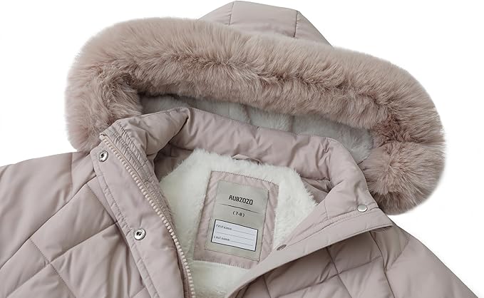 Girls’ Waterproof Winter Parka – Hooded Fleece-Lined Insulated Coat (Light Khaki, Size 5)