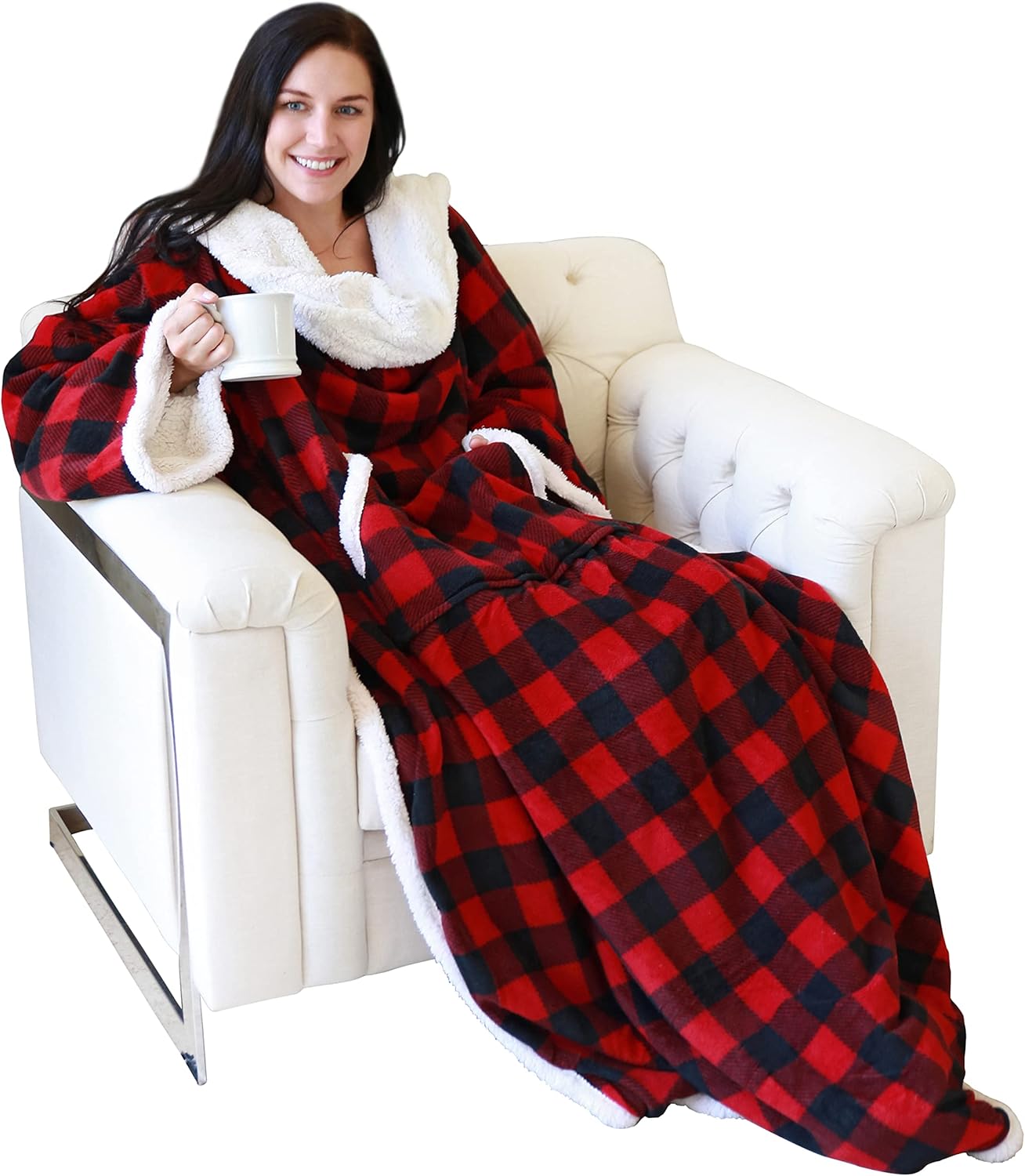 Sherpa Wearable Blanket with Sleeves – Super Soft, Warm Fleece TV Throw for Adults (Buffalo Plaid)