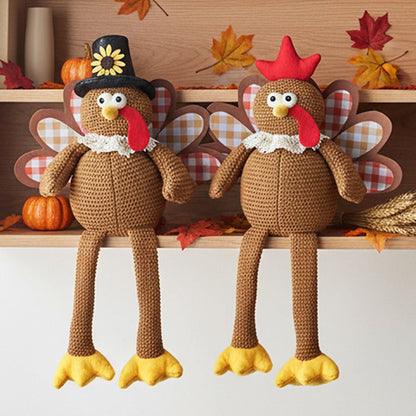 2-Piece Thanksgiving Turkey Couple Plush Dolls – Dangling Leg Fall Harvest Tabletop Decorations for Home, Kitchen & Shelf Décor