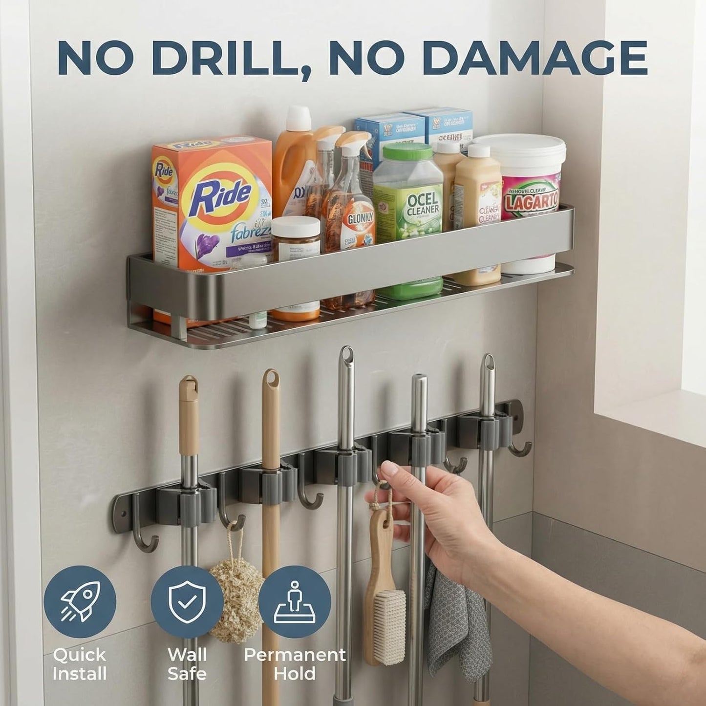 Wall Mount Organizer with Shelf & Heavy-Duty Hooks – Holder for Brooms, Mops, Vacuums & Cleaning Supplies – Garage, Laundry & Closet Storage