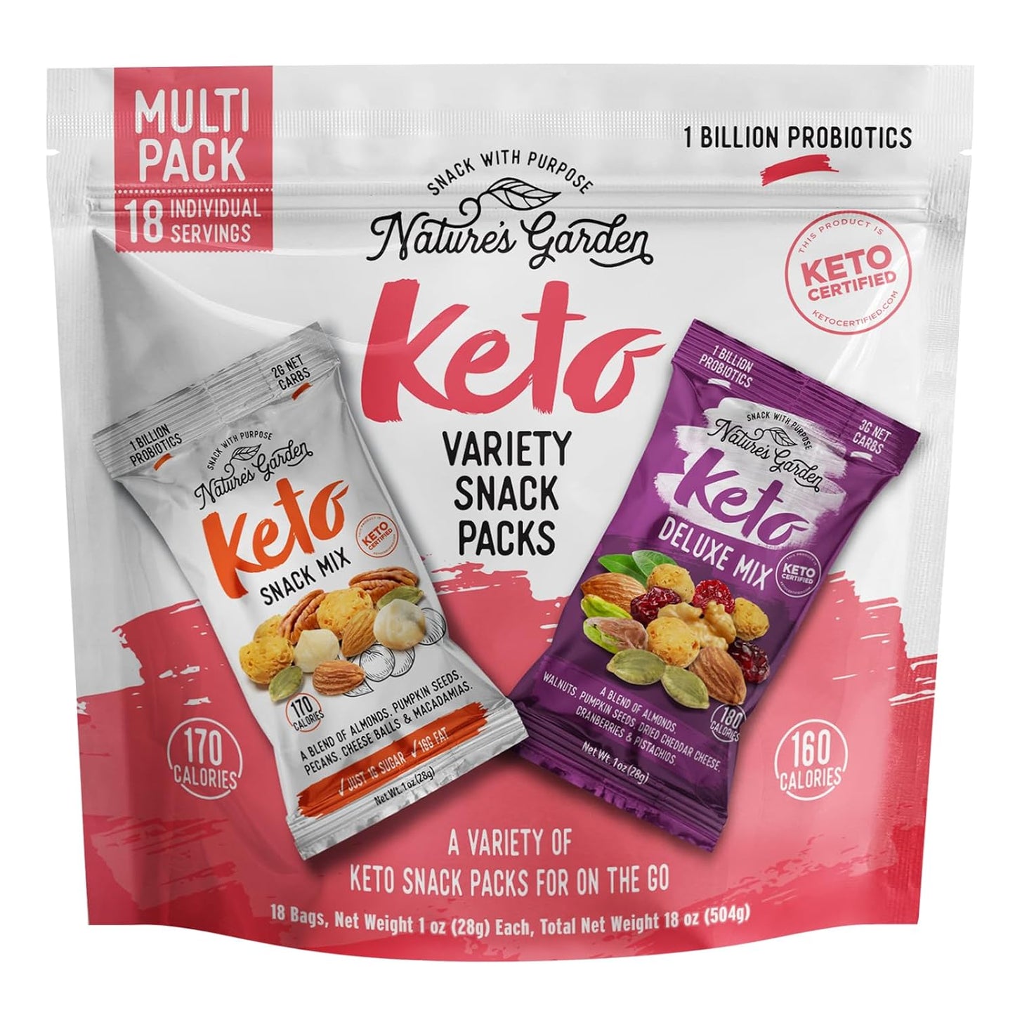 Keto Snack Variety Pack – Mixes, Nuts, Probiotic Cheese Balls, Gluten-Free (18 Individual Servings)
