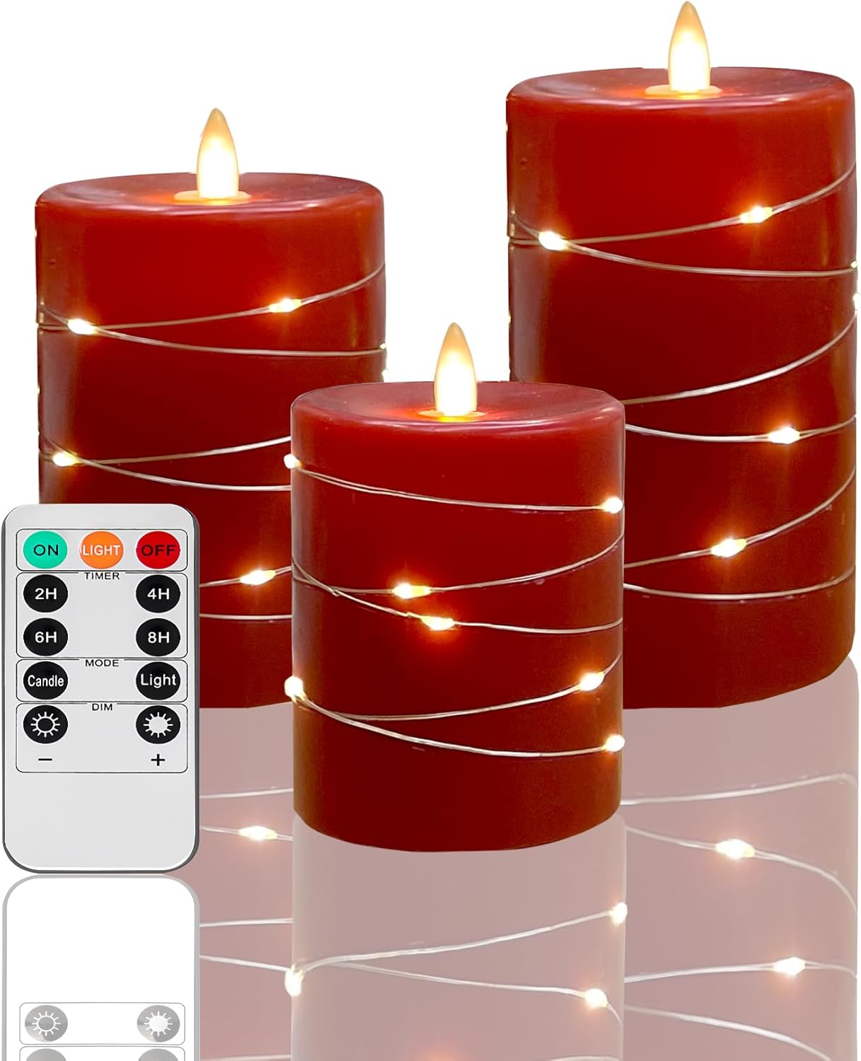 Set of 3 Red Flameless LED Pillar Candles with Remote - 4'', 5'', 6''