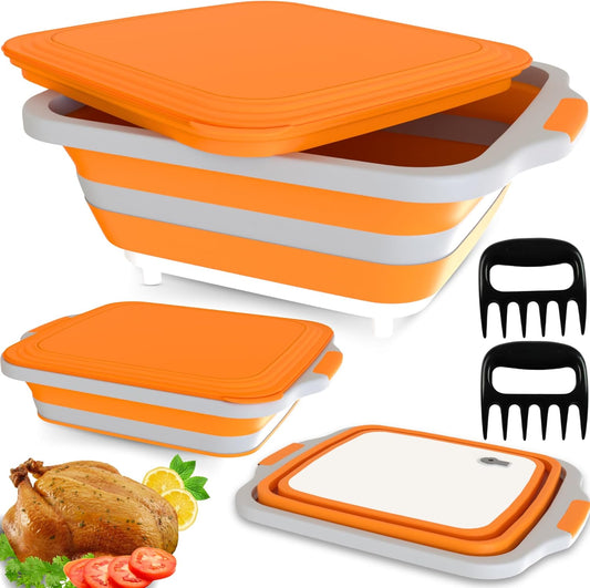 BBQ Prep Tub XL Size with 2 Meat Shredder Claws, Collapsible Cutting Board, and Drip Easy Lid