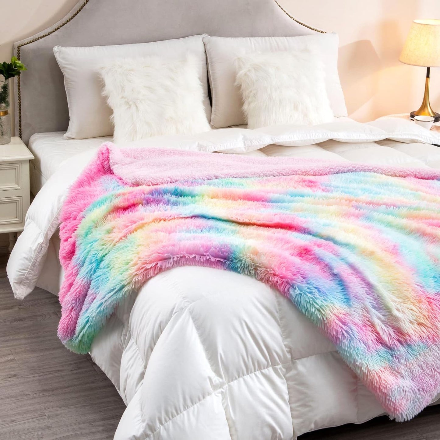 Fuzzy Faux Fur Rainbow Throw Blanket – Super Soft Plush Sherpa (59" x 79")