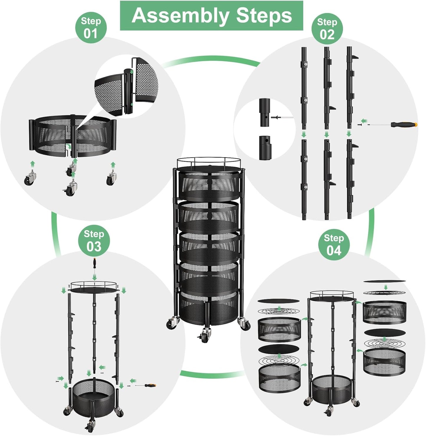 5-Tier Rotating Fruit & Vegetable Basket – Rolling Kitchen Storage Rack with Wheels & Lid – Black
