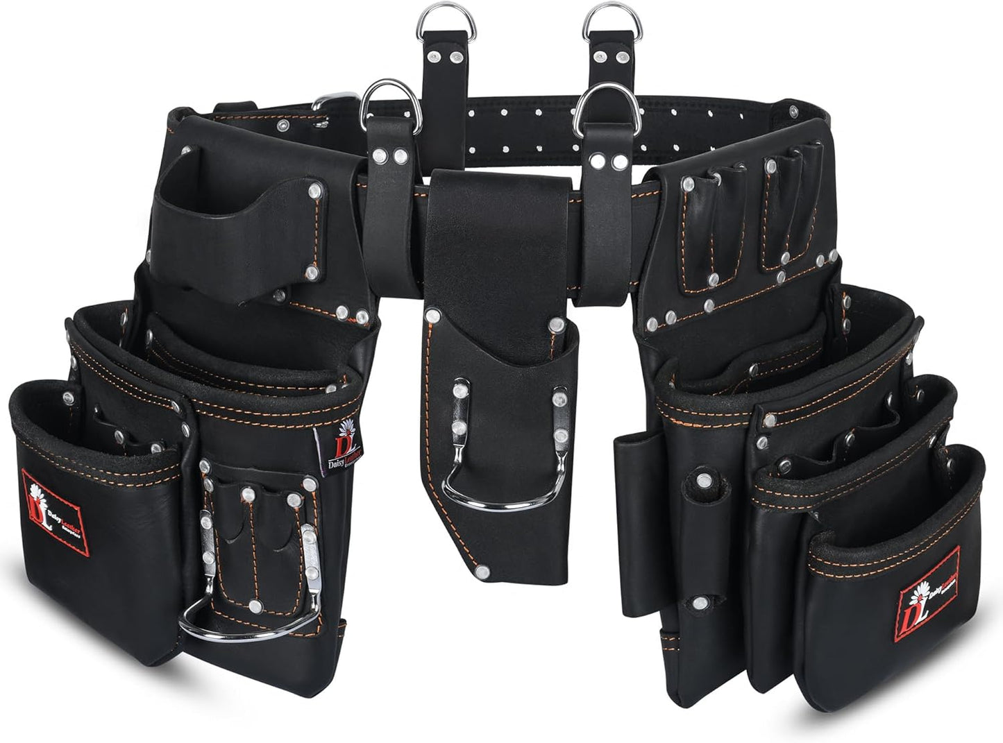 Premium 25 Pocket Heavy-Duty Tool Belt – Oil Tanned Carpenter Pouch for Construction & Electricians – Black X-Large (Leather)