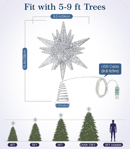 Christmas Tree Topper - 9.6" 3D Silver Star with USB Plug & Remote Control, Featuring 6H Timer and 8 Lighting Modes