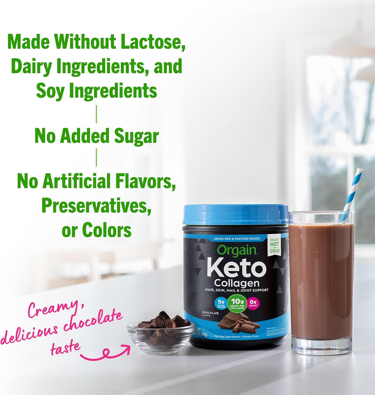 Keto Collagen Protein Powder - Chocolate: 10g Grass-Fed Collagen, 5g MCT Oil for Hair, Skin, Nails & Joints, Non-GMO & Gluten-Free