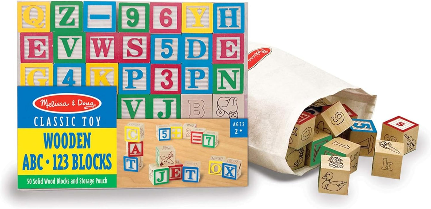 Deluxe Wooden ABC/123 Blocks Set (50 pcs) with Storage Pouch