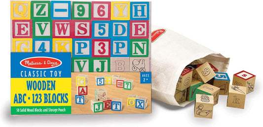 Deluxe Wooden ABC/123 Blocks Set (50 pcs) with Storage Pouch