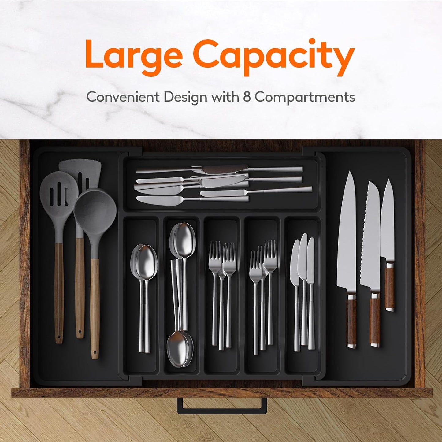 Expandable Silverware Drawer Organizer – BPA-Free Utensil Tray for Kitchen, Adjustable Storage for Spoons, Forks, and Knives, Large, Black