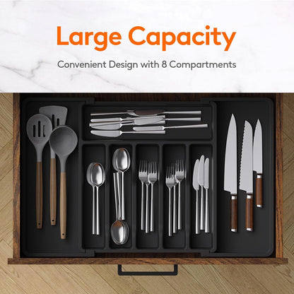 Expandable Silverware Drawer Organizer – BPA-Free Utensil Tray for Kitchen, Adjustable Storage for Spoons, Forks, and Knives, Large, Black