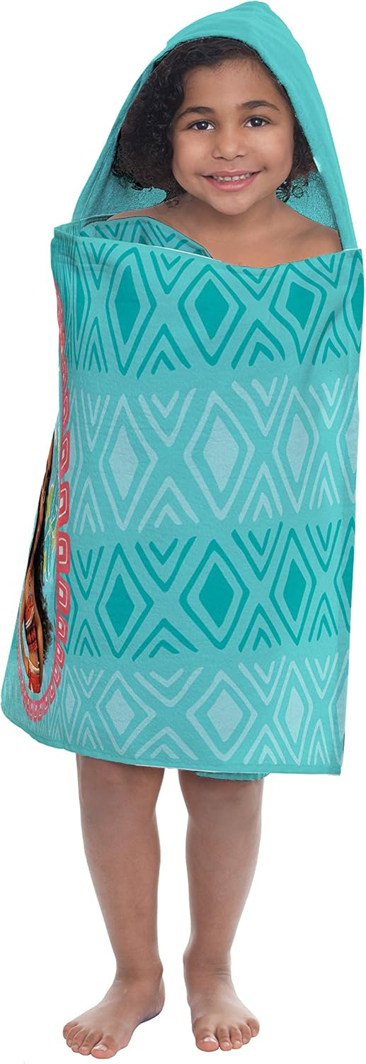 Moana Hooded Towel Poncho – 100% Cotton Kids Bath & Beach Cover-Up with 3D Hood – Teal, 22" x 51"