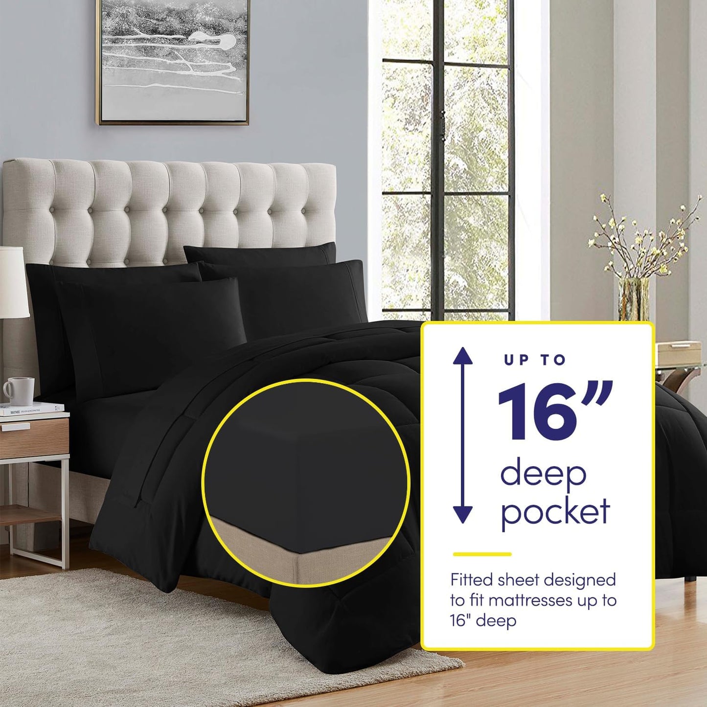 5-Piece Twin Comforter Set – All-Season Down Alternative with Microfiber Sheets (Black)