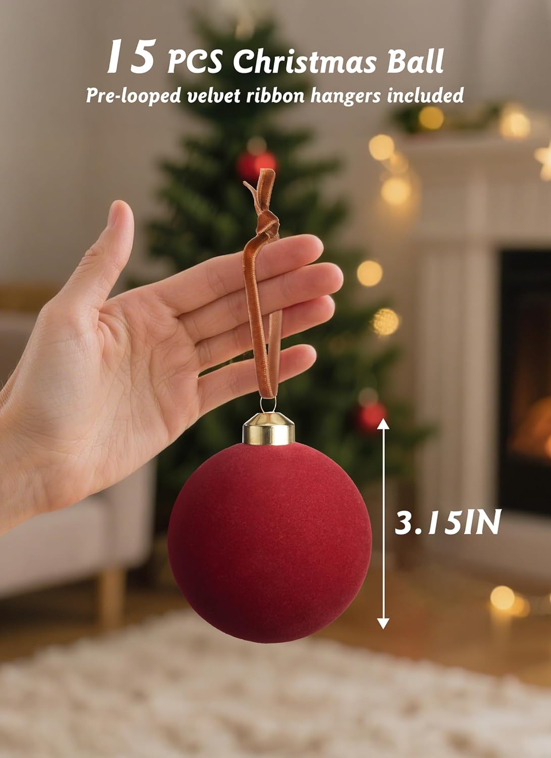 15-Pack Red Velvet Christmas Balls - 3.15 Inch Ornaments