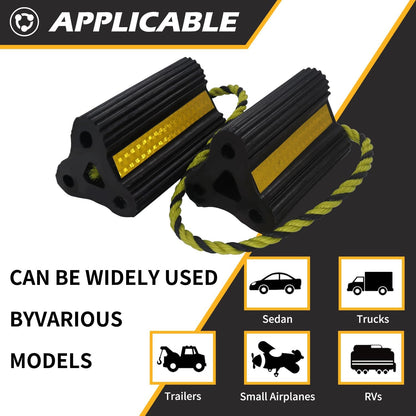 Rubber Wheel Chocks with Rope & Reflective Strips – 4 Pack for RVs, Trailers, Campers, Trucks, Cars & Boats